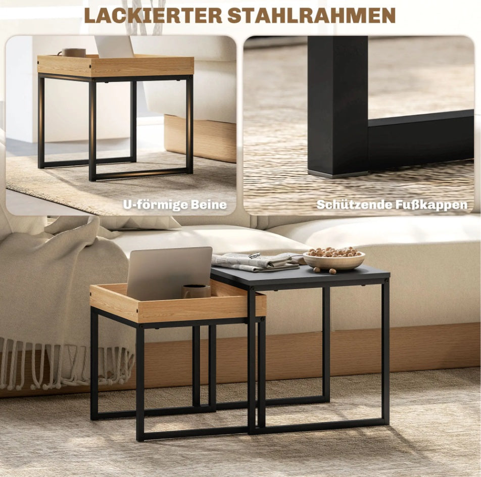 2er Couchtisch-Set Schwarz – Moderne Quadratische Sofatische (45/40 cm) Ineinanderstellbar