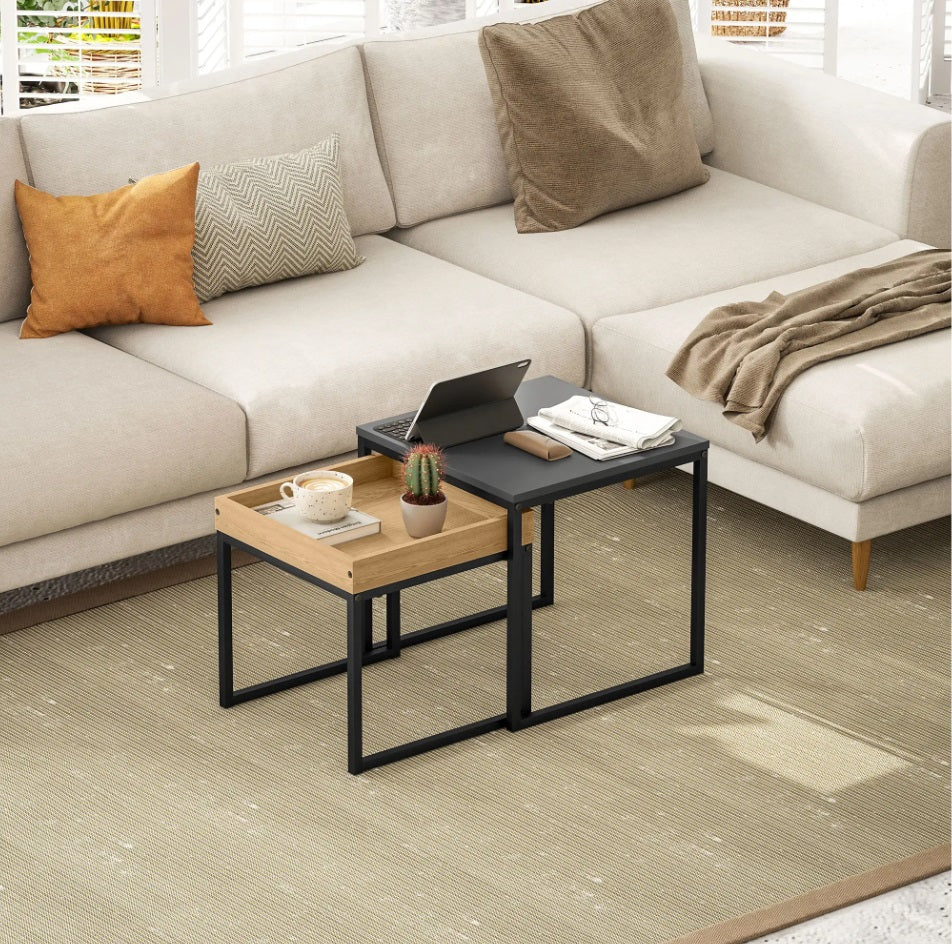 2er Couchtisch-Set Schwarz – Moderne Quadratische Sofatische (45/40 cm) Ineinanderstellbar