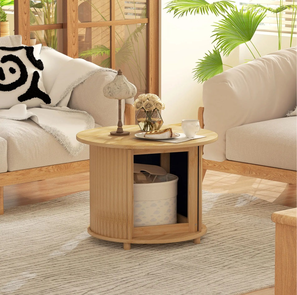 Beistelltisch Rund Bambus (Ø60 cm) – Couchtisch mit Verstecktem Stauraum und Schiebetür