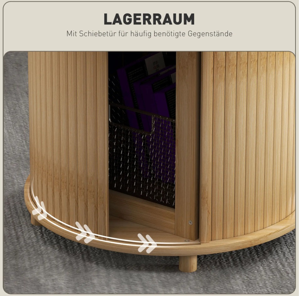 Beistelltisch Rund Bambus (Ø60 cm) – Couchtisch mit Verstecktem Stauraum und Schiebetür