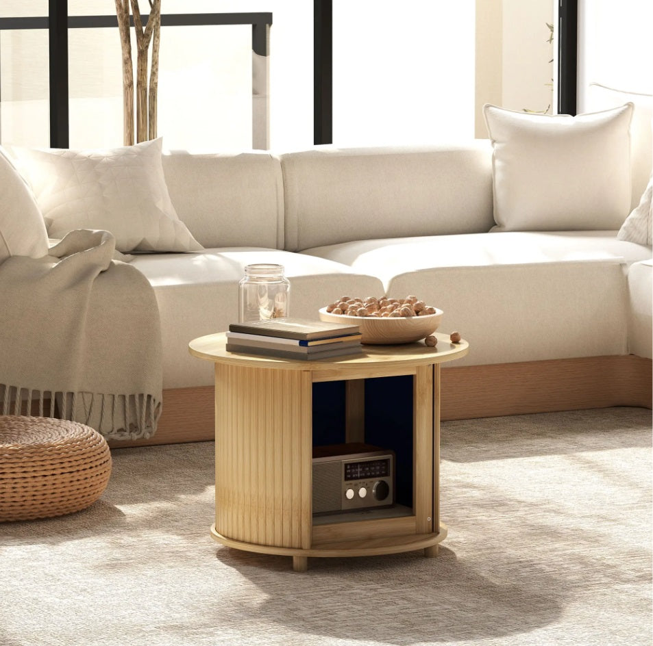 Beistelltisch Rund Bambus (Ø60 cm) – Couchtisch mit Verstecktem Stauraum und Schiebetür