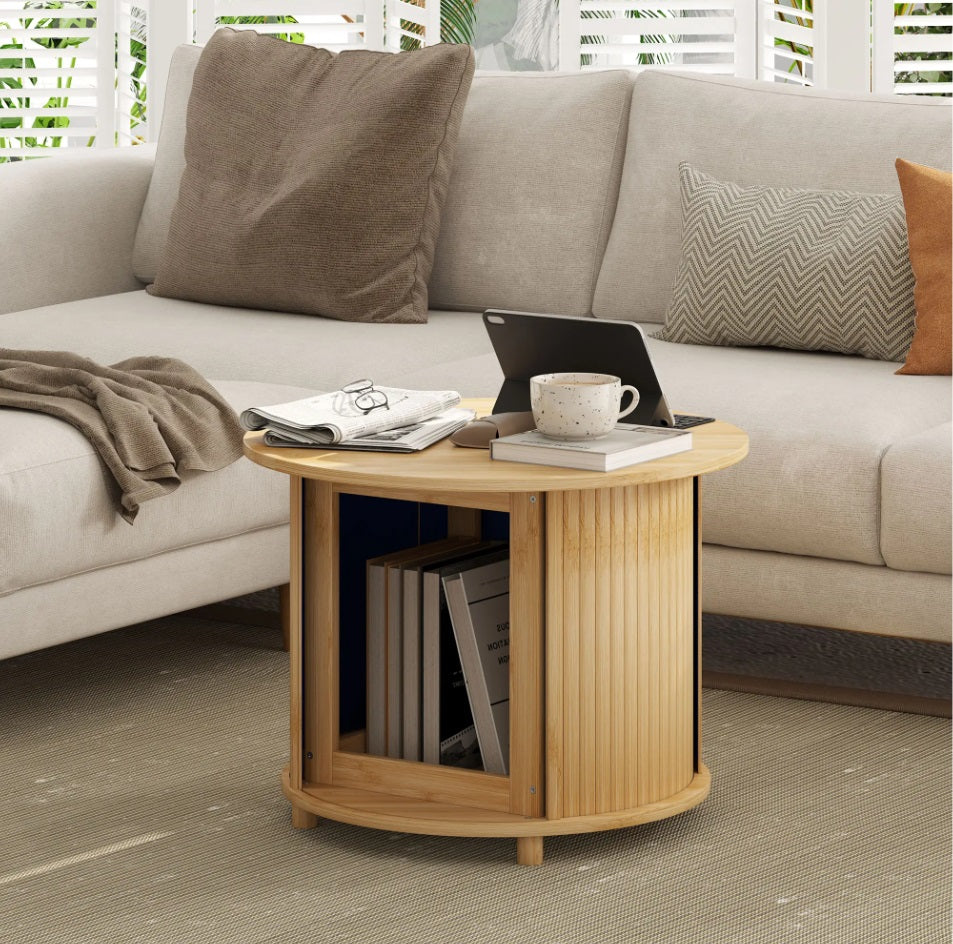Beistelltisch Rund Bambus (Ø60 cm) – Couchtisch mit Verstecktem Stauraum und Schiebetür