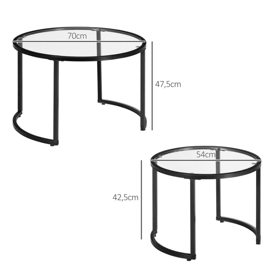 2er Beistelltisch-Set Rund Schwarz – Glastische (Ø70/Ø54 cm) in Stapelbarem Industrie-Design