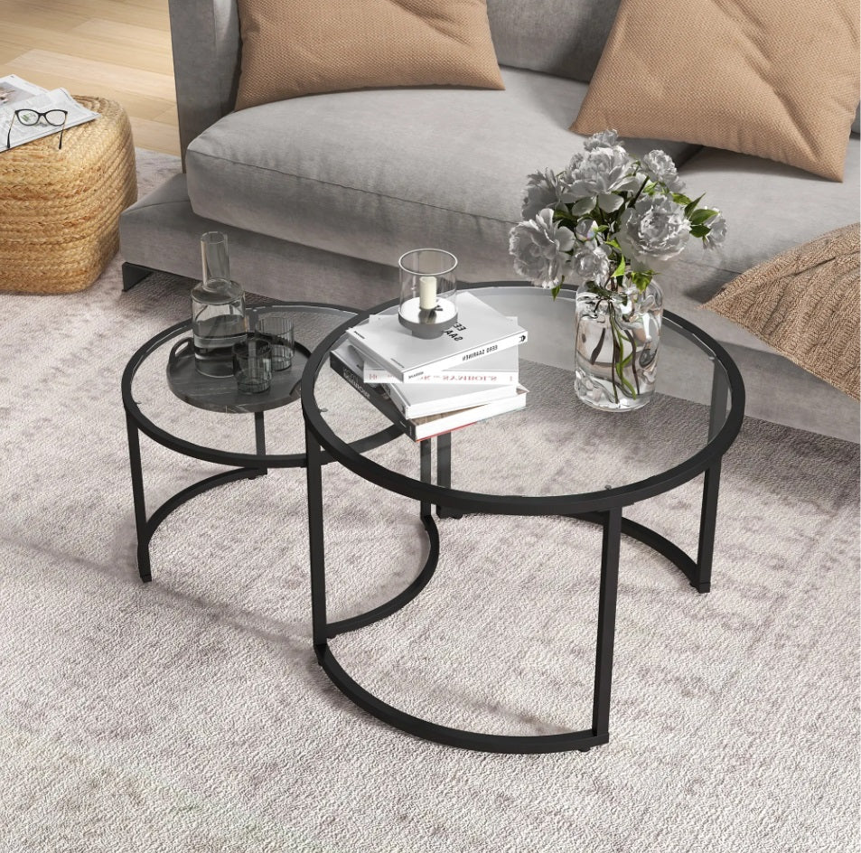 2er Beistelltisch-Set Rund Schwarz – Glastische (Ø70/Ø54 cm) in Stapelbarem Industrie-Design