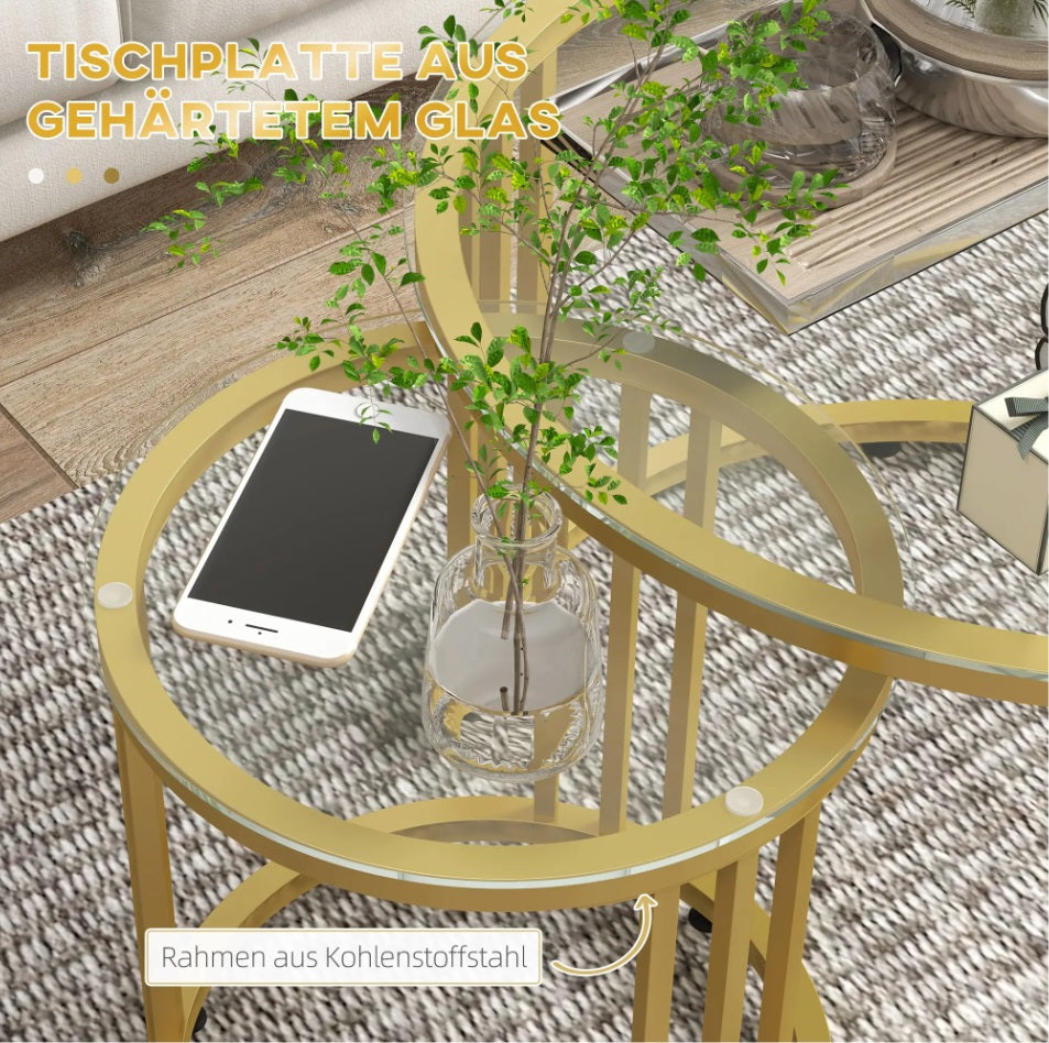 2er Beistelltisch-Set Rund Gold – Art-Déco-Satztische mit Hartglasplatte (Ø60/Ø40 cm)