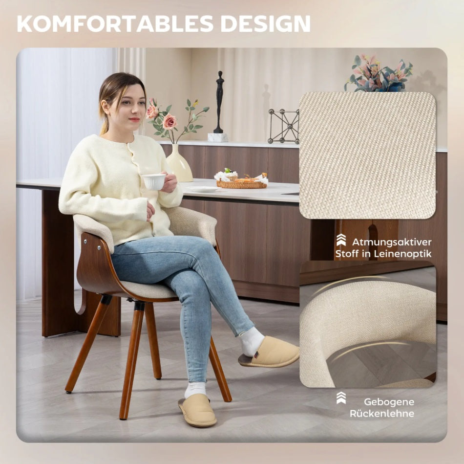 Designer Esszimmerstuhl Beige – Gebogene Holzschale & Leinen-Optik | Mid-Century