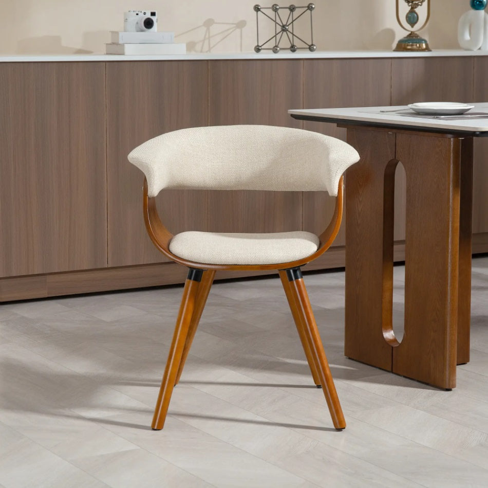 Designer Esszimmerstuhl Beige – Gebogene Holzschale & Leinen-Optik | Mid-Century