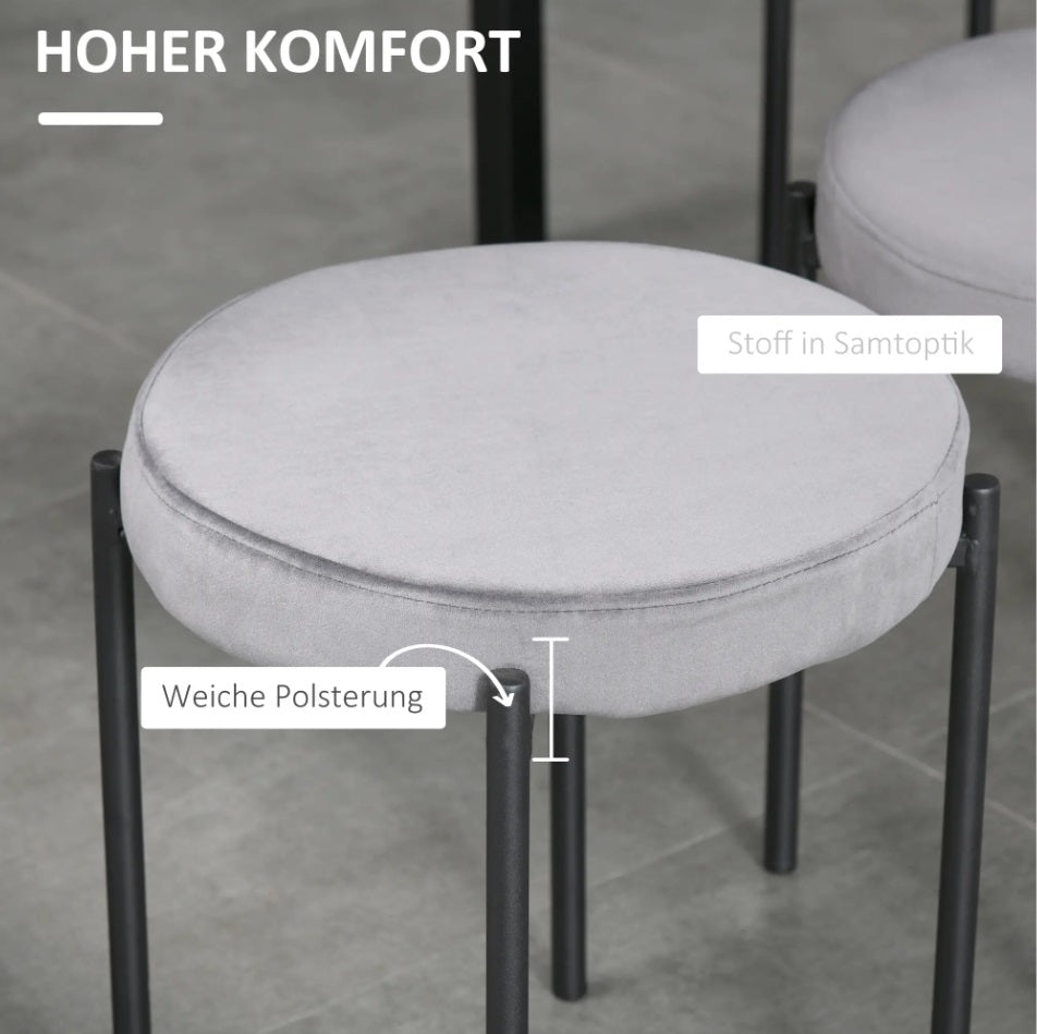 4er Set Stapelhocker Grau Samt – Platzsparender Sitzhocker Küche & Esszimmer