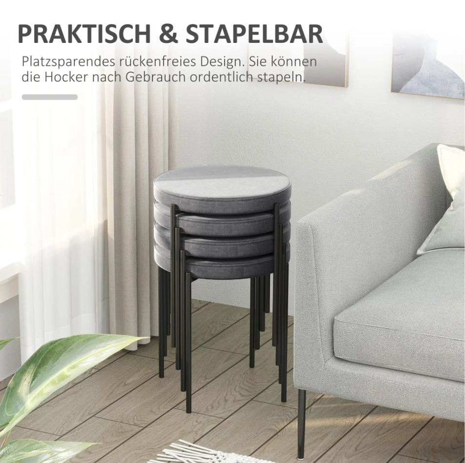 4er Set Stapelhocker Grau Samt – Platzsparender Sitzhocker Küche & Esszimmer