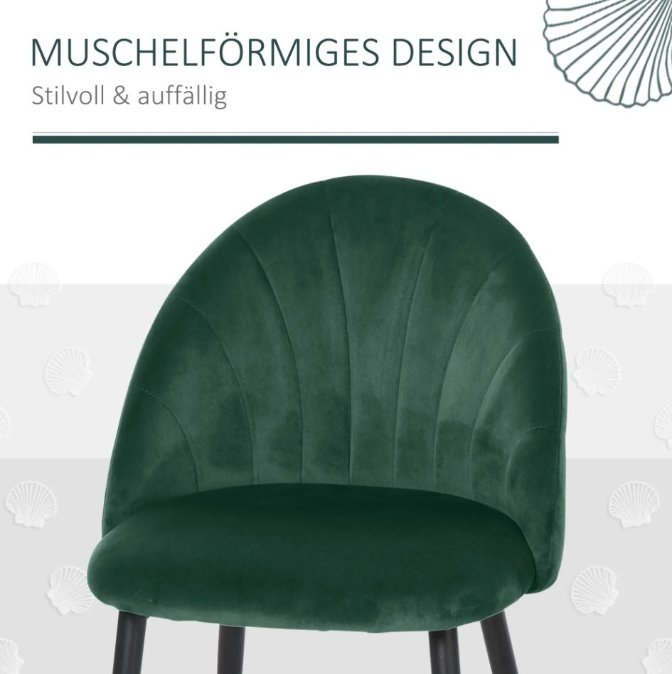 2er Set Esszimmerstühle Grün Samtoptik – Akzentstühle im Muschel-Design Retro