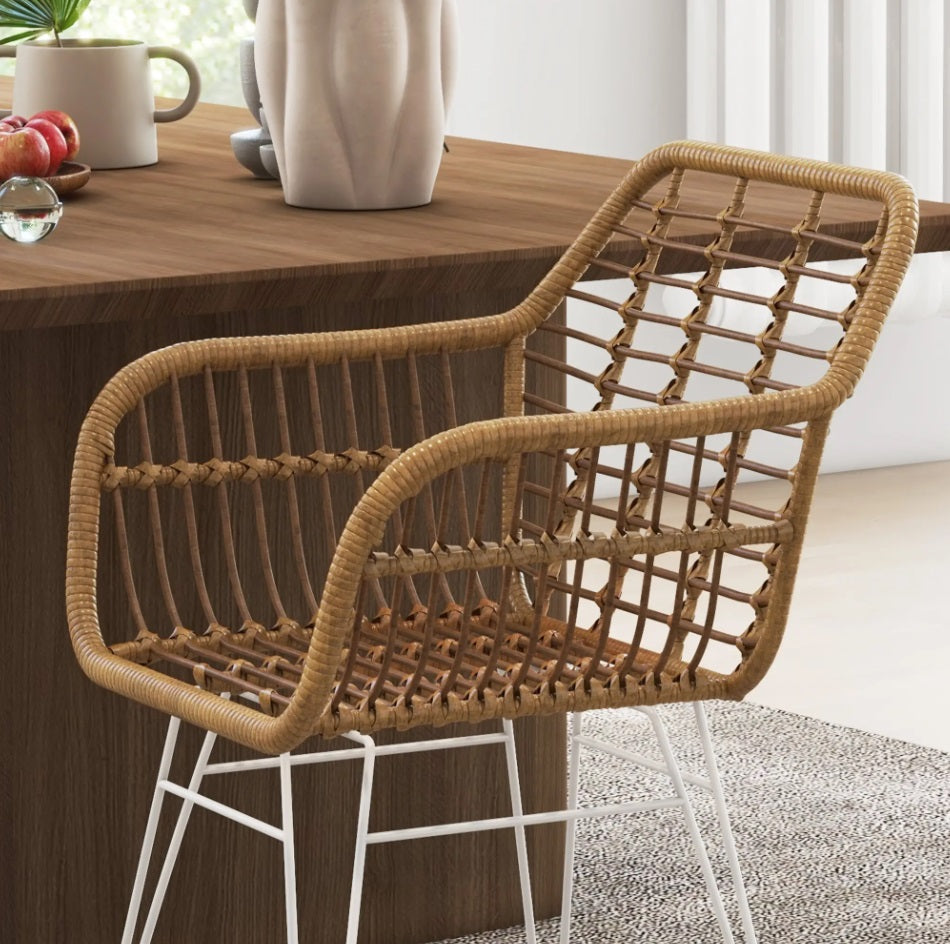 2er Set Esszimmerstühle Boho-Stil – Akzentstühle PE-Rattan Hellbraun mit Weißen Beinen