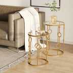 2er Couchtisch-Set Rund Gold – Glastische mit Reifen- & Kugeldesign (Ø41/Ø36 cm)