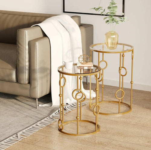 2er Couchtisch-Set Rund Gold – Glastische mit Reifen- & Kugeldesign (Ø41/Ø36 cm)