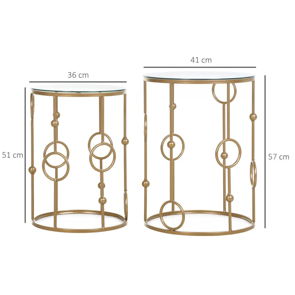 2er Couchtisch-Set Rund Gold – Glastische mit Reifen- & Kugeldesign (Ø41/Ø36 cm)