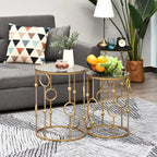2er Couchtisch-Set Rund Gold – Glastische mit Reifen- & Kugeldesign (Ø41/Ø36 cm)