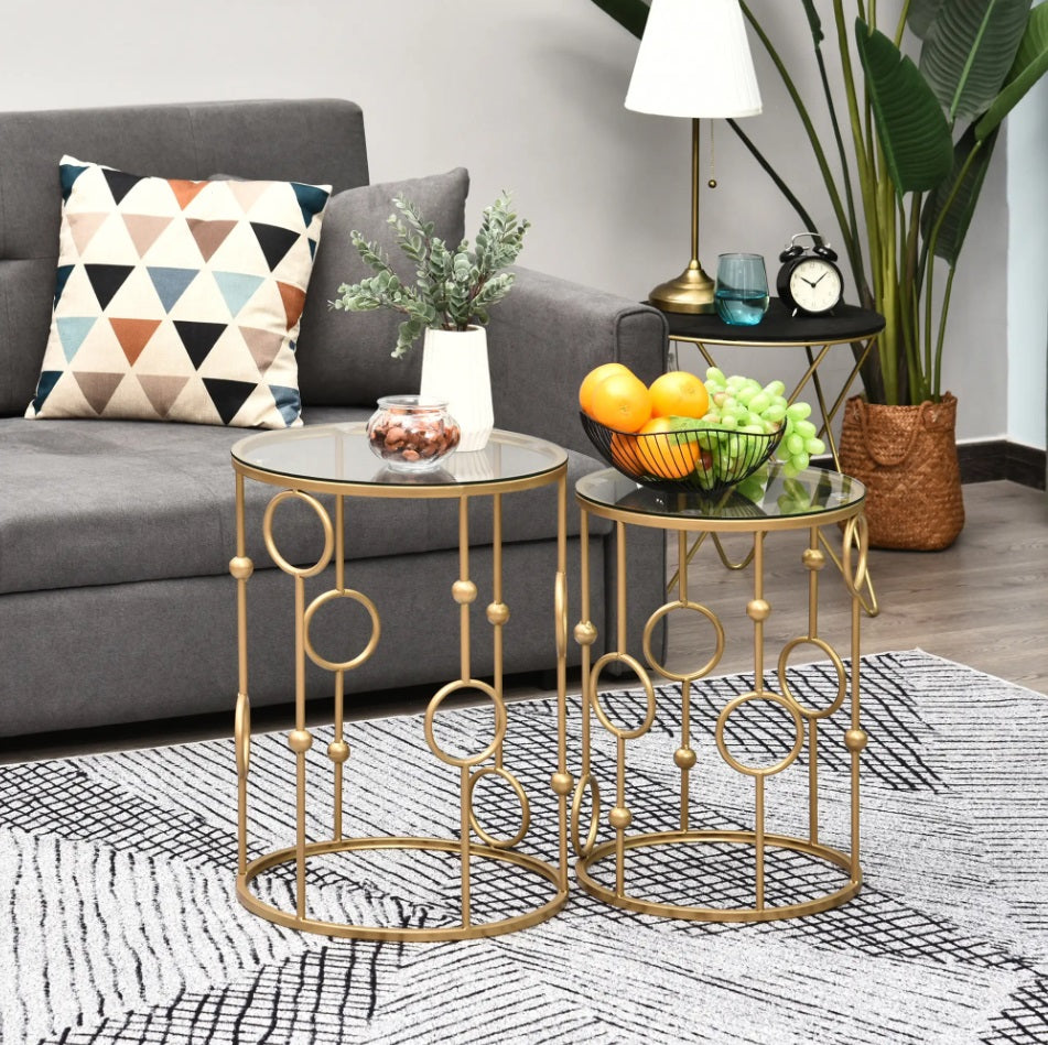 2er Couchtisch-Set Rund Gold – Glastische mit Reifen- & Kugeldesign (Ø41/Ø36 cm)