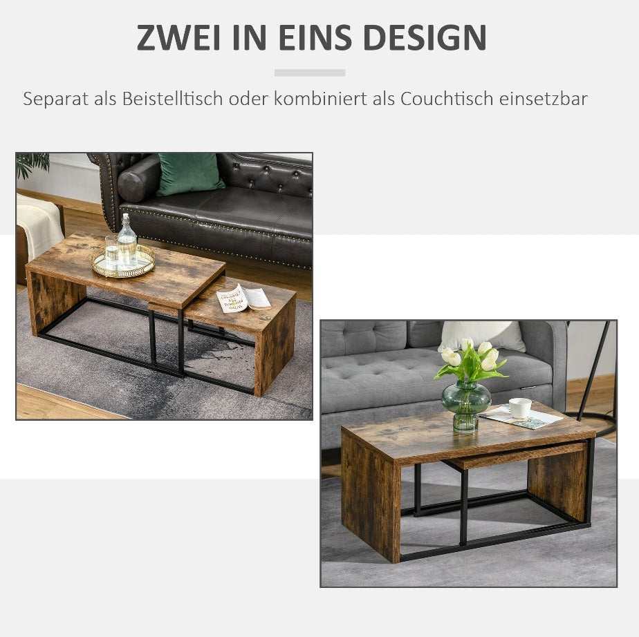 2er Couchtisch-Set Modern – Schwarz/Braun Satztische, Platzsparend (90x48 & 59x42 cm)