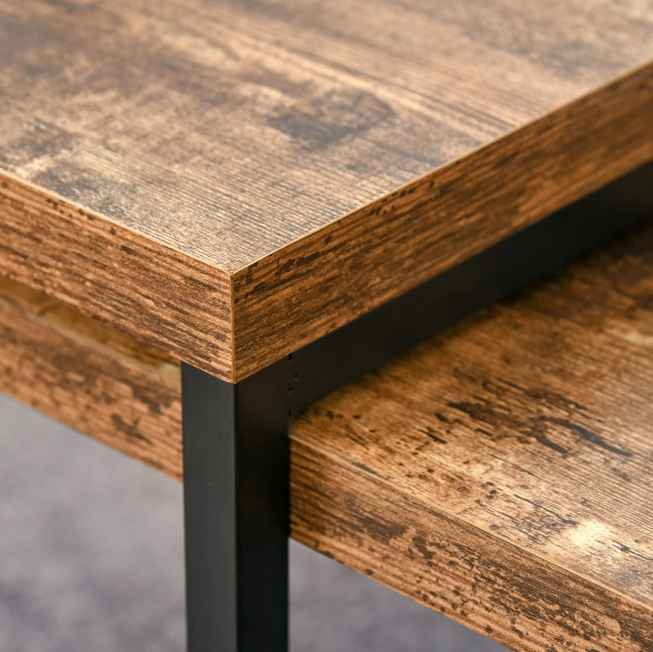 2er Couchtisch-Set Modern – Schwarz/Braun Satztische, Platzsparend (90x48 & 59x42 cm)