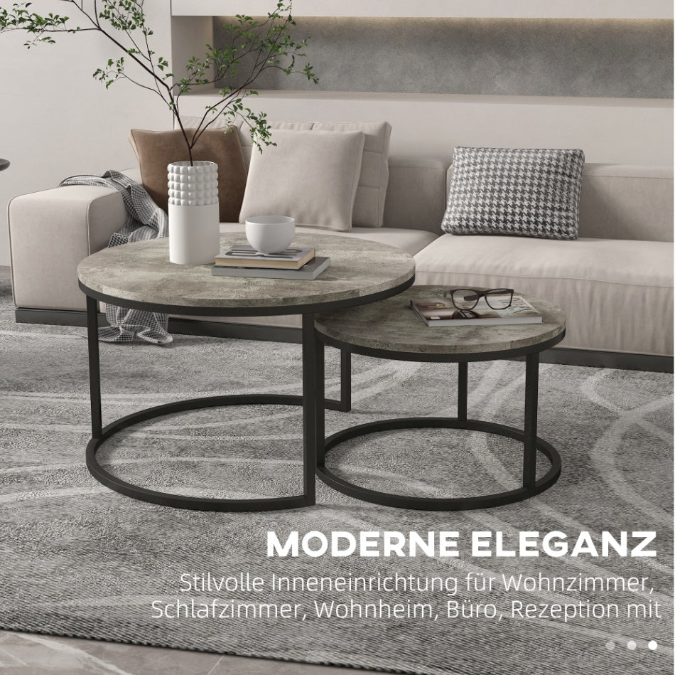 2er Couchtisch-Set Rund Grau – Zement-Optik Satztische im Industriedesign (Ø78/Ø59 cm)