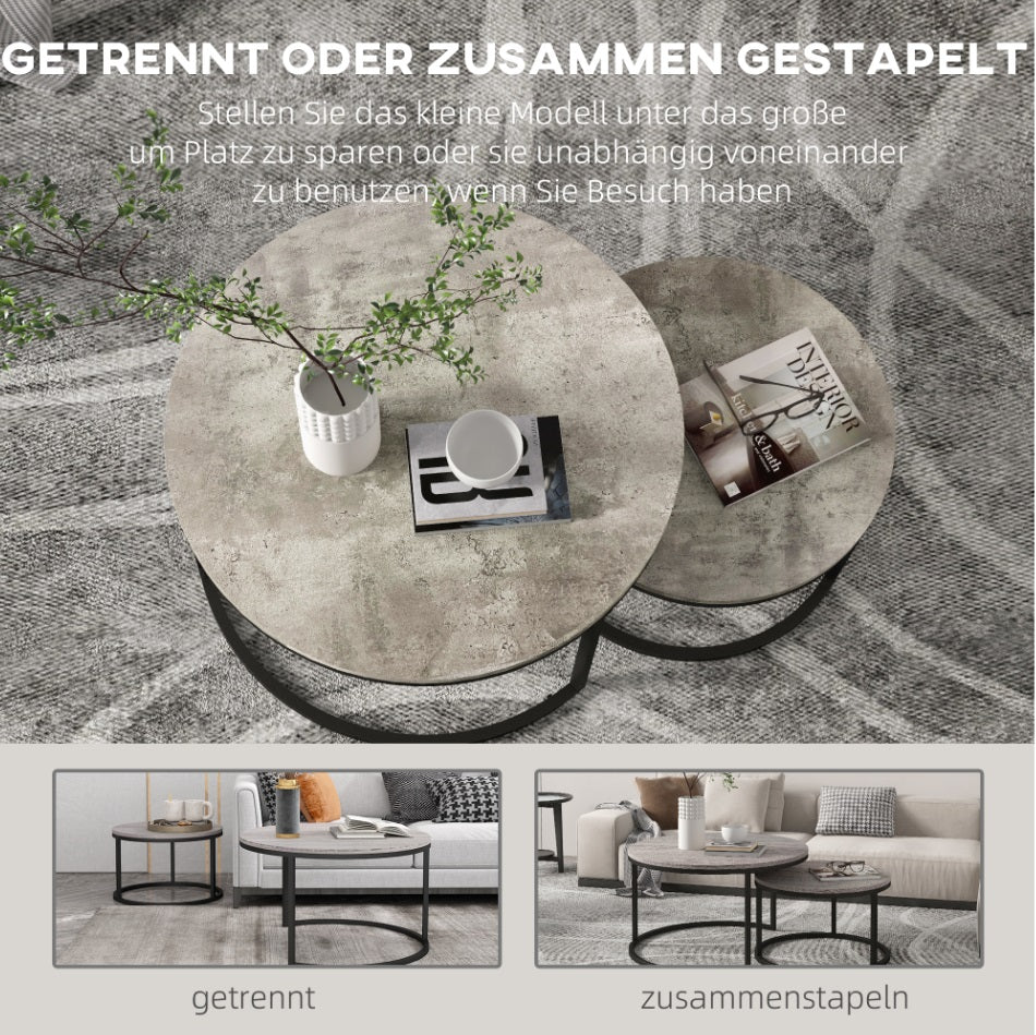 2er Couchtisch-Set Rund Grau – Zement-Optik Satztische im Industriedesign (Ø78/Ø59 cm)