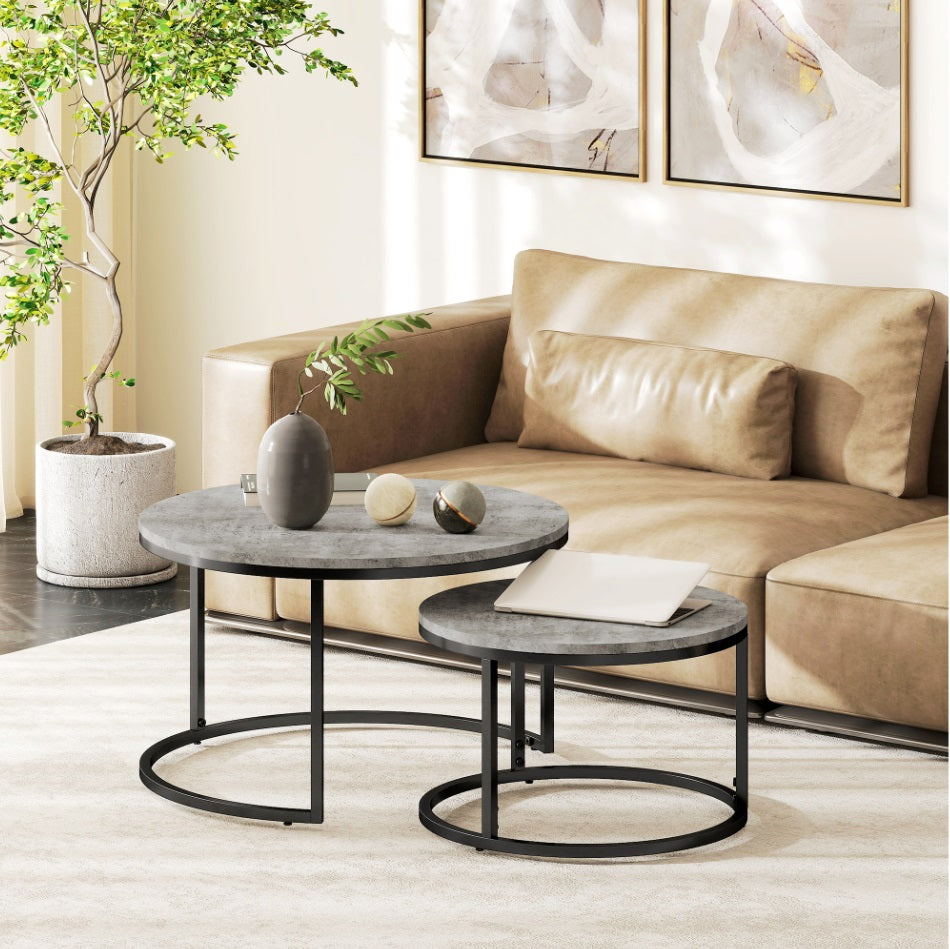 2er Couchtisch-Set Rund Grau – Zement-Optik Satztische im Industriedesign (Ø78/Ø59 cm)