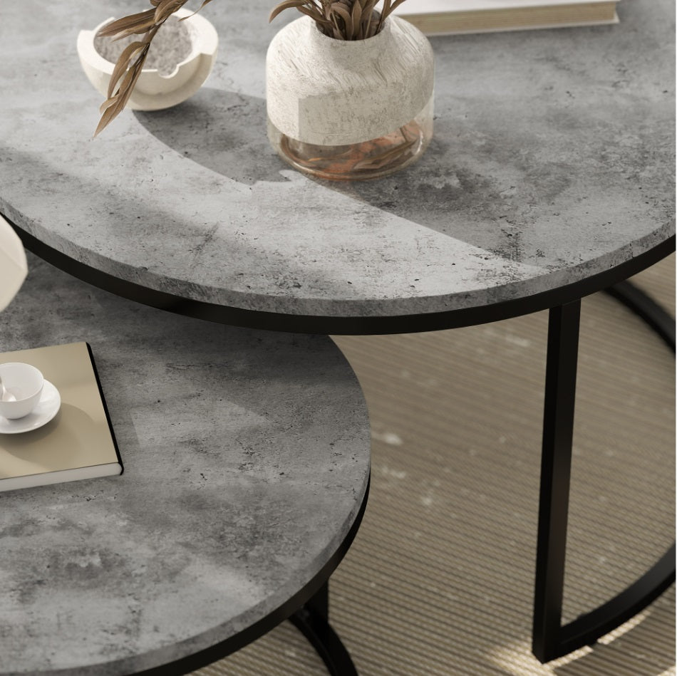 2er Couchtisch-Set Rund Grau – Zement-Optik Satztische im Industriedesign (Ø78/Ø59 cm)