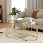 2er Couchtisch-Set Rund Gold – Glastische mit Geometrischem Rahmen (Ø50/Ø40 cm)