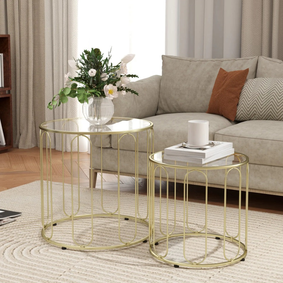 2er Couchtisch-Set Rund Gold – Glastische mit Geometrischem Rahmen (Ø50/Ø40 cm)