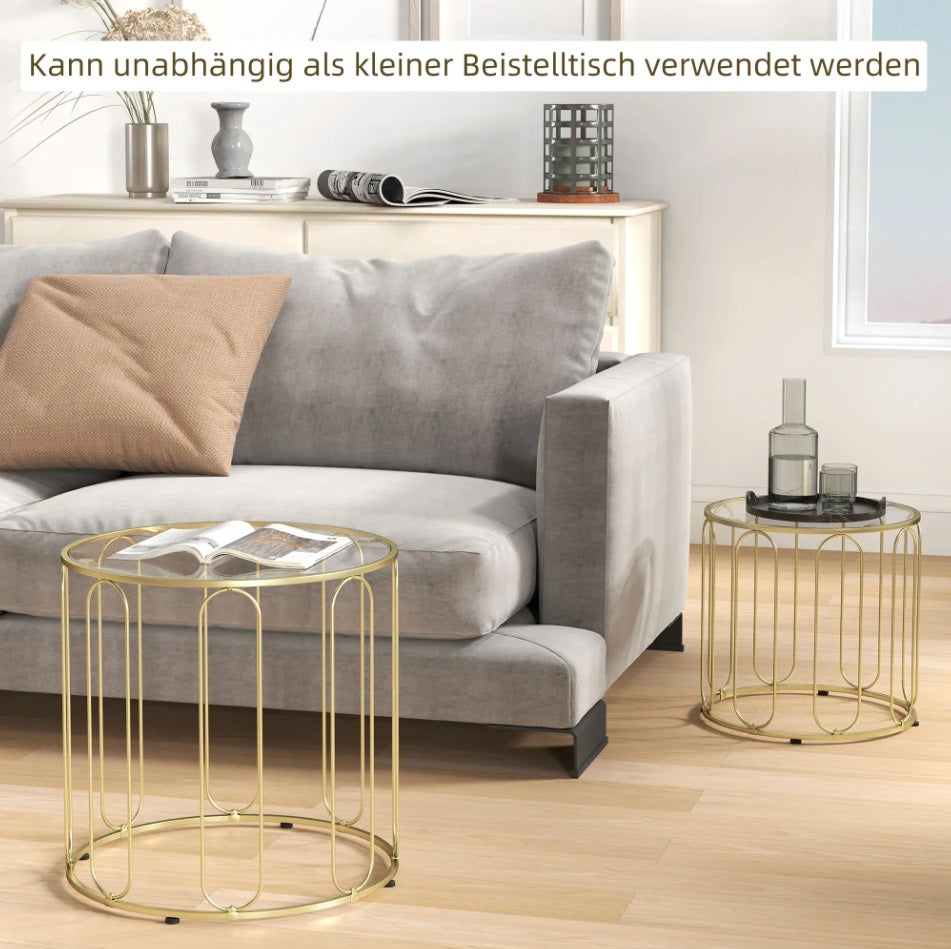 2er Couchtisch-Set Rund Gold – Glastische mit Geometrischem Rahmen (Ø50/Ø40 cm)