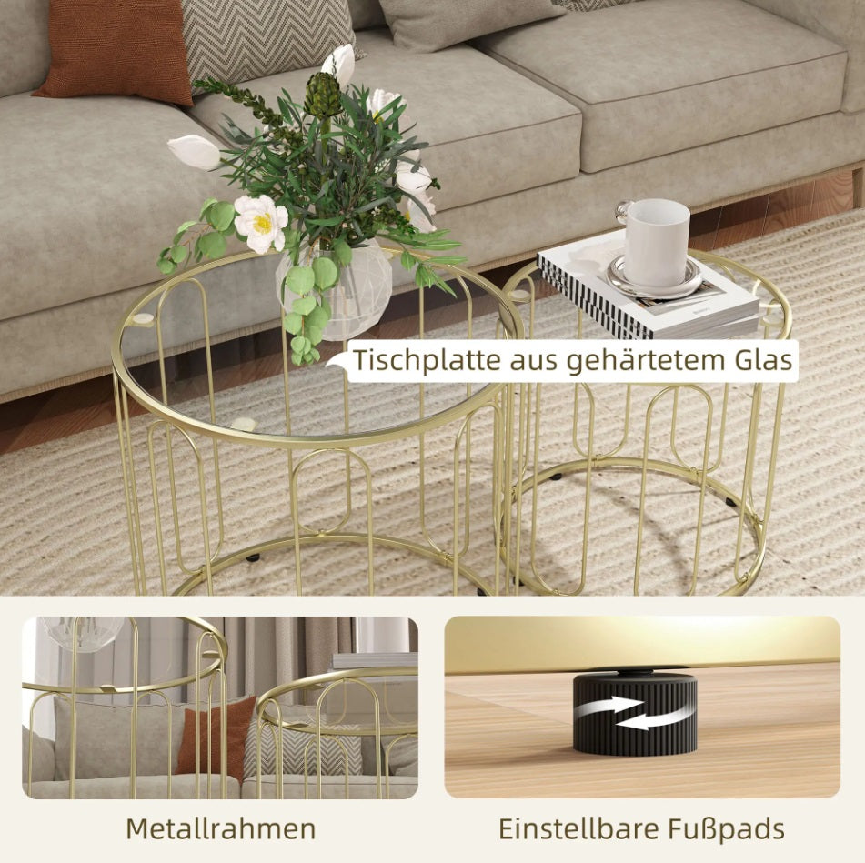 2er Couchtisch-Set Rund Gold – Glastische mit Geometrischem Rahmen (Ø50/Ø40 cm)