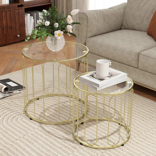2er Couchtisch-Set Rund Gold – Glastische mit Geometrischem Rahmen (Ø50/Ø40 cm)