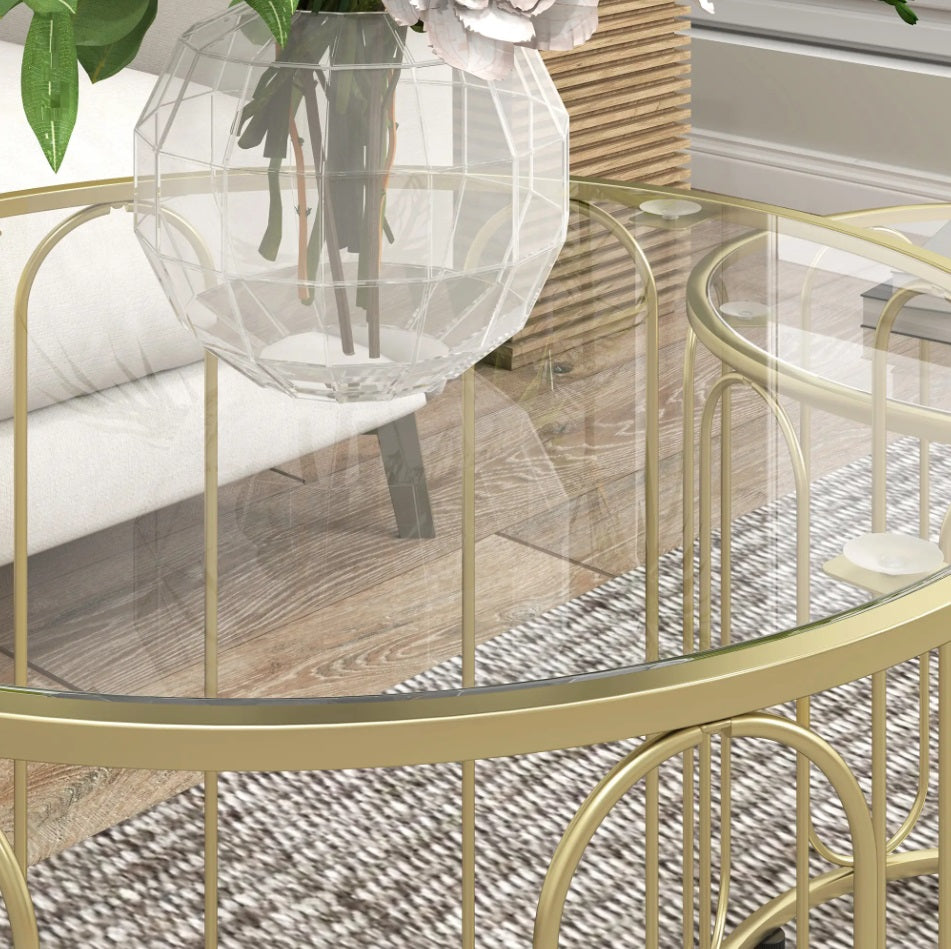 2er Couchtisch-Set Rund Gold – Glastische mit Geometrischem Rahmen (Ø50/Ø40 cm)