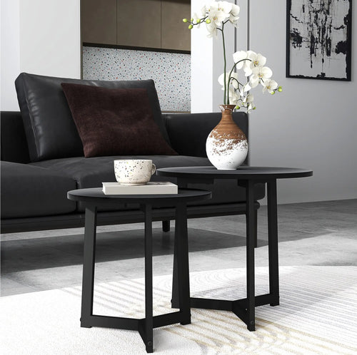 2er Couchtisch-Set Rund Schwarz – Modernes Satztische-Ensemble (Ø48/Ø40 cm)