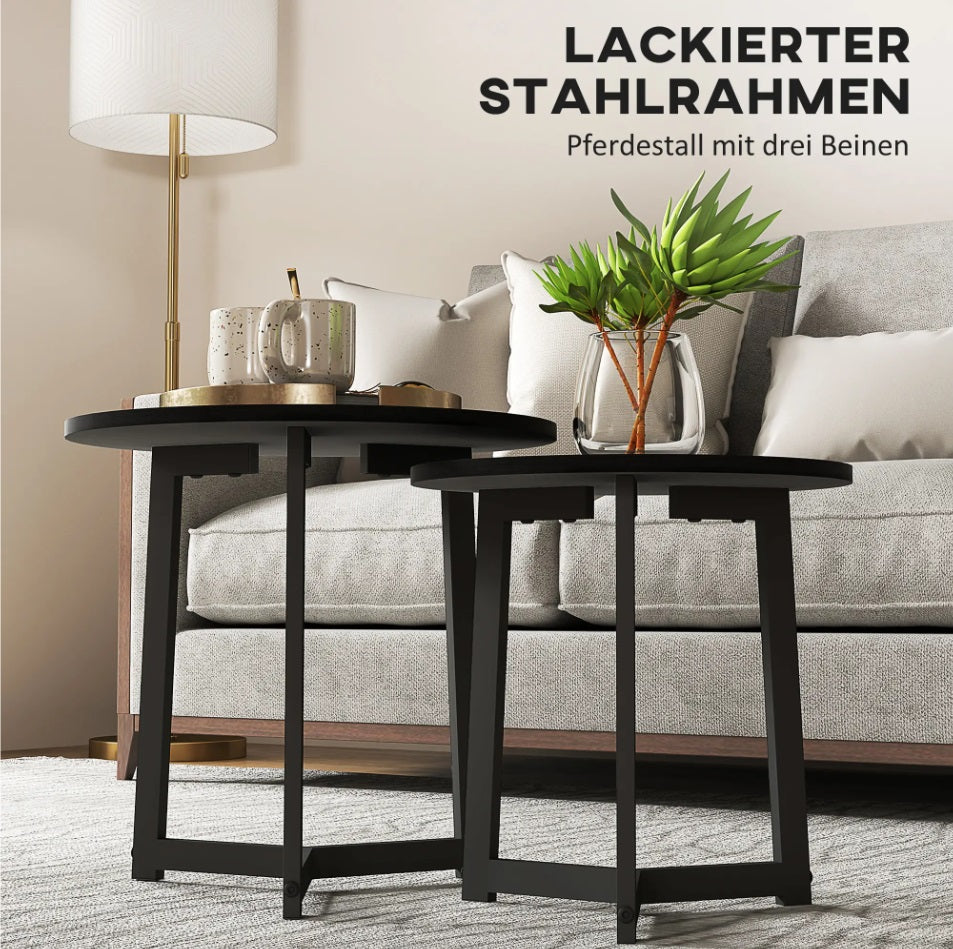 2er Couchtisch-Set Rund Schwarz – Modernes Satztische-Ensemble (Ø48/Ø40 cm)