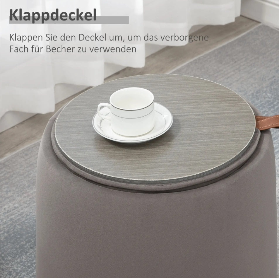2-in-1 Hocker mit Stauraum in Dunkelgrau Samtoptik – Ottomane mit Abnehmbarem Tablett-Deckel