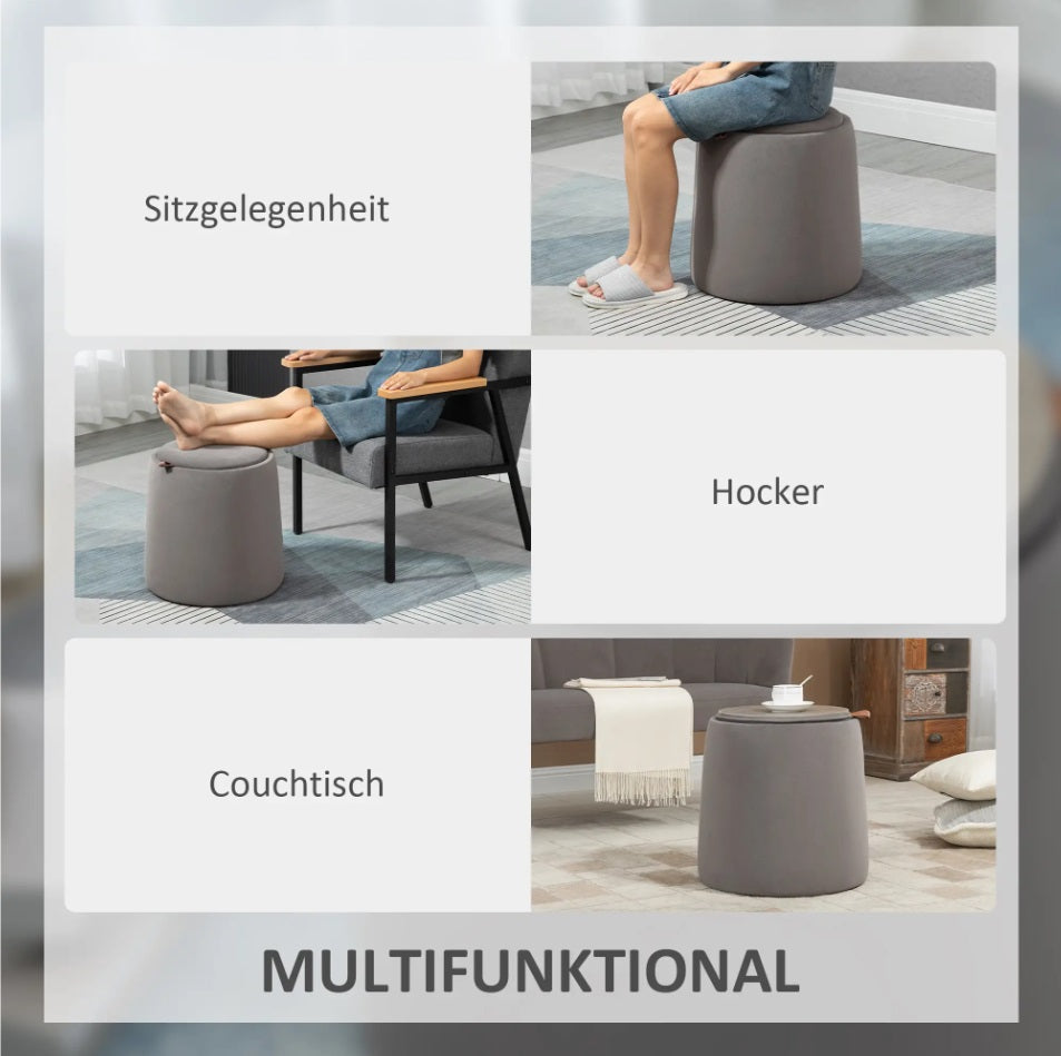 2-in-1 Hocker mit Stauraum in Dunkelgrau Samtoptik – Ottomane mit Abnehmbarem Tablett-Deckel
