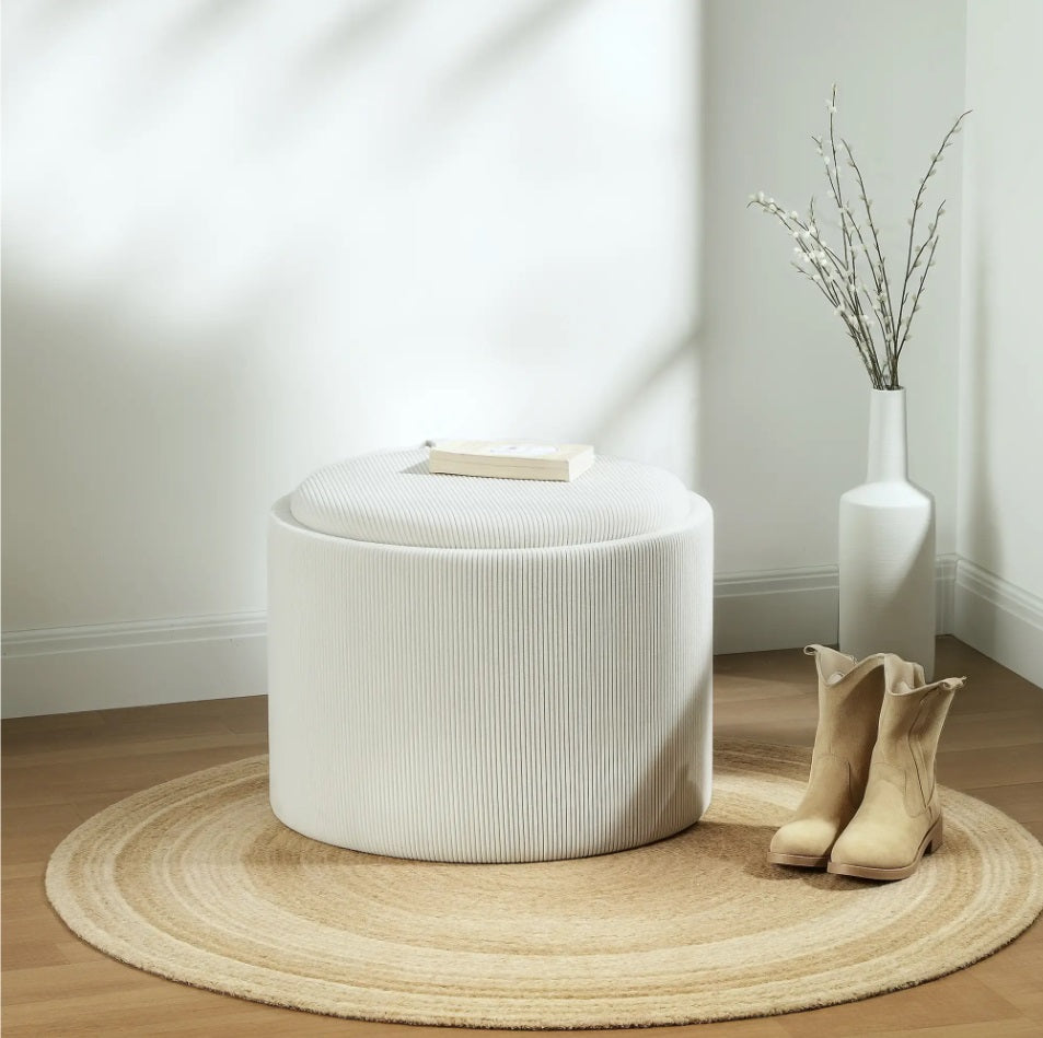 Aufbewahrungshocker Cremeweiß Cordstoff – Runde Ottomane mit Stauraum und Tablett-Deckel