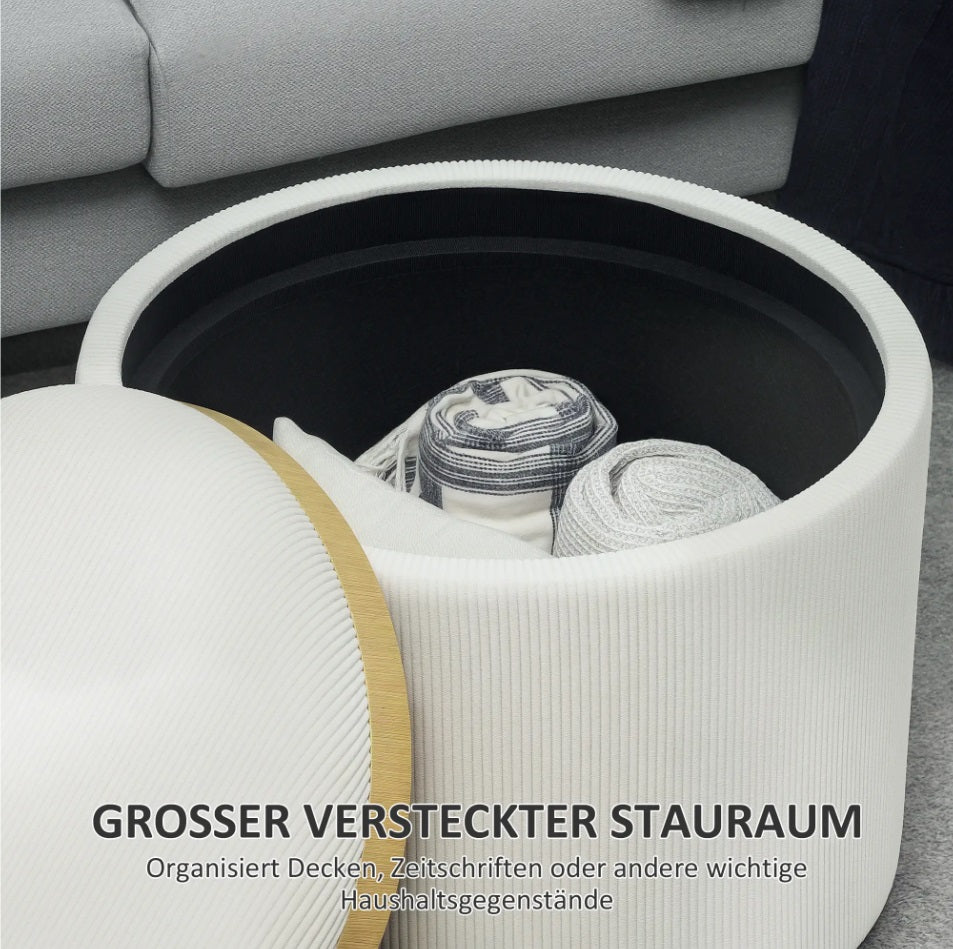 Aufbewahrungshocker Cremeweiß Cordstoff – Runde Ottomane mit Stauraum und Tablett-Deckel