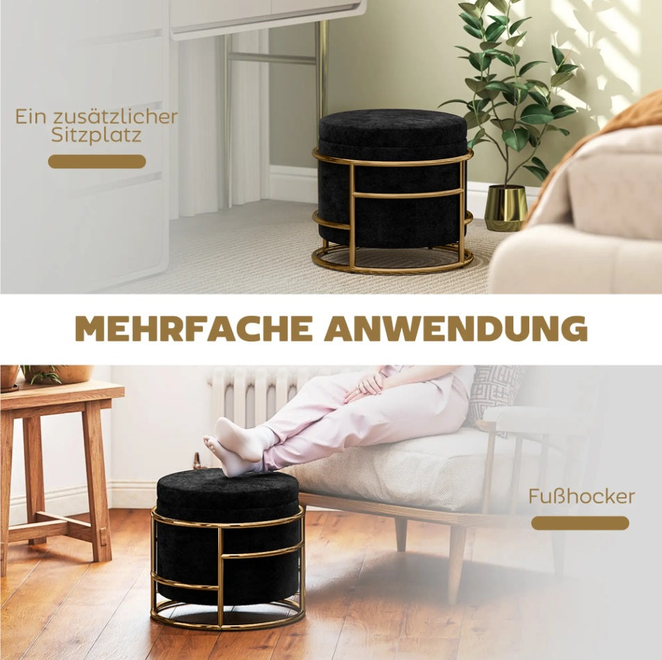 Sitzhocker Schwarz Samtoptik – Runder Aufbewahrungshocker mit Goldfarbenem Metallrahmen