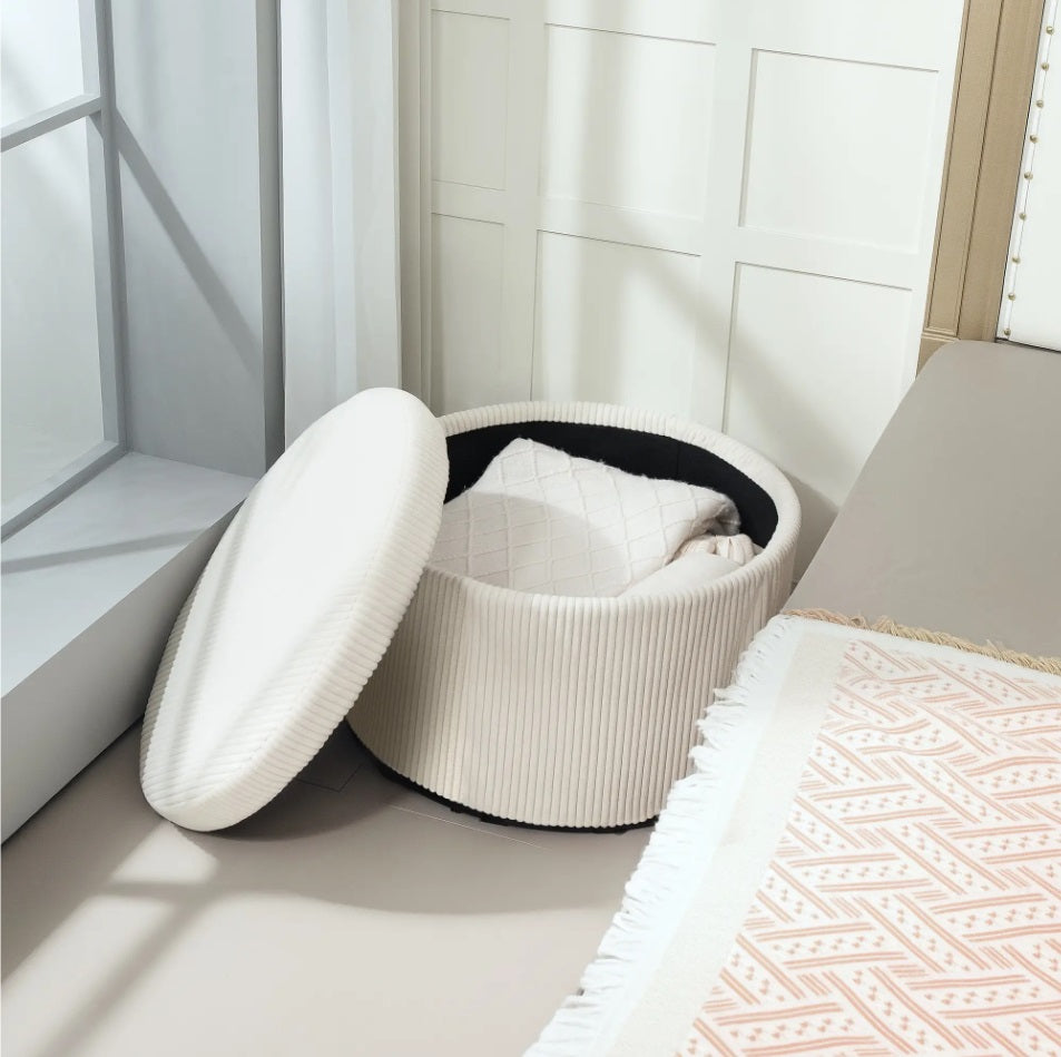Großer Fußhocker Beige Cordstoff – Runder Sitzhocker mit 97 L Stauraum