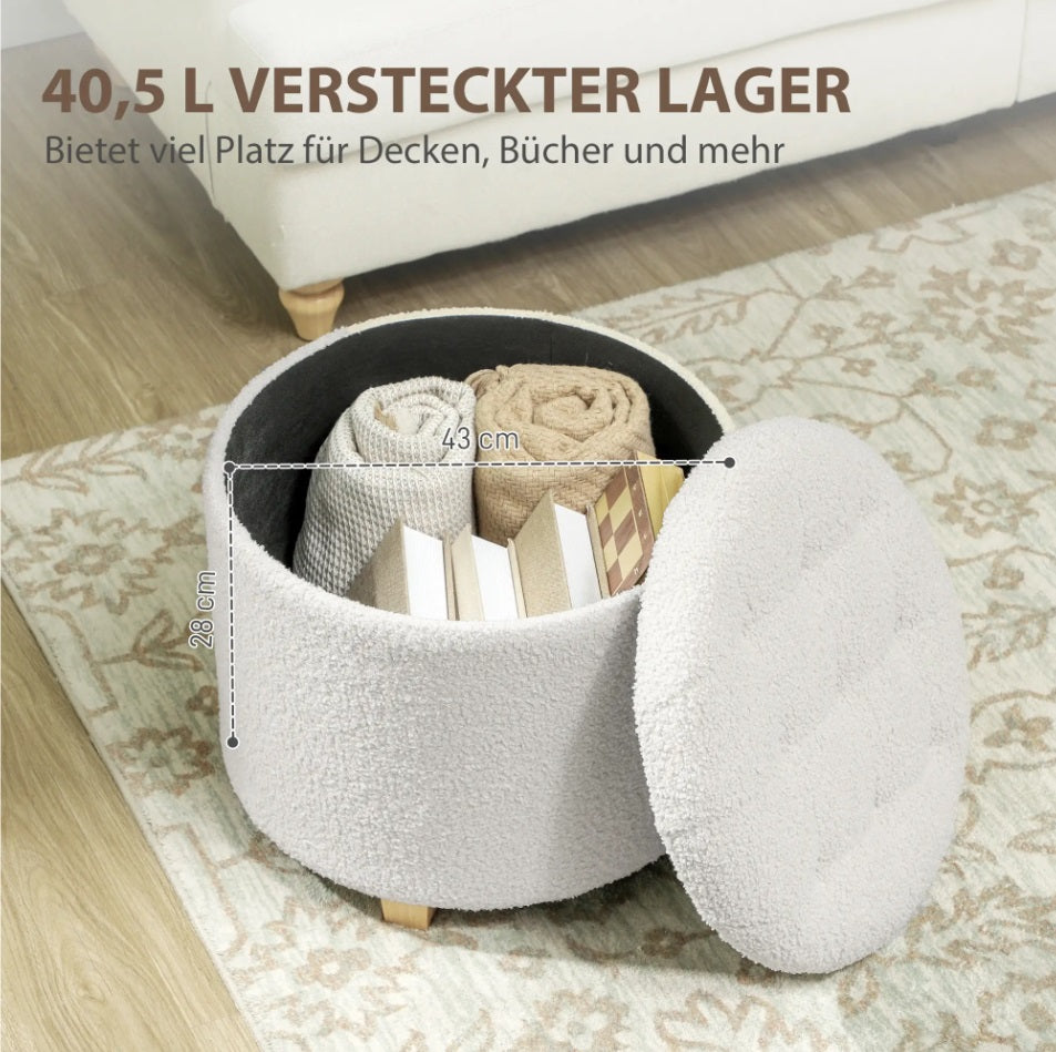 Runder Sitzhocker Weiß mit Stauraum – Knopfgetuftete Ottomane (40,5 L) mit Kiefernholzbeinen
