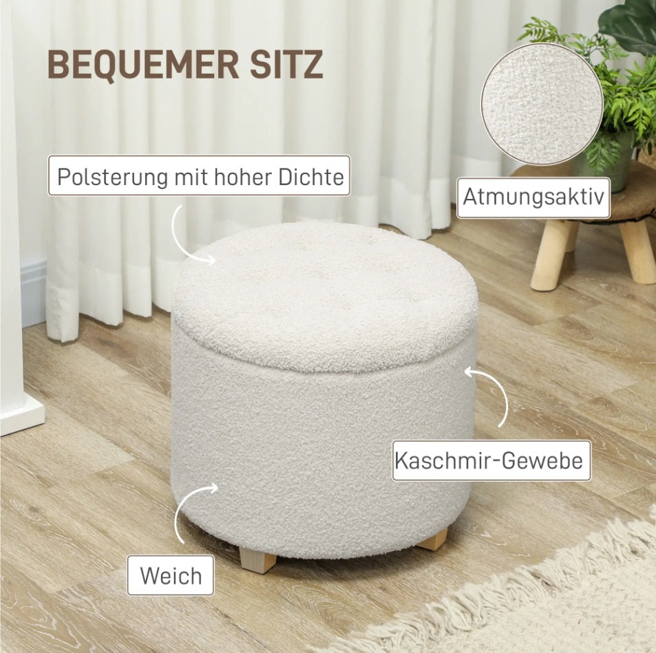 Runder Sitzhocker Weiß mit Stauraum – Knopfgetuftete Ottomane (40,5 L) mit Kiefernholzbeinen
