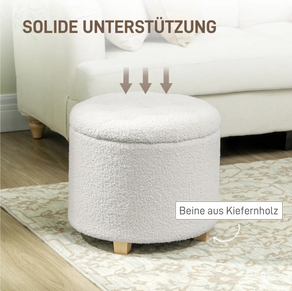 Runder Sitzhocker Weiß mit Stauraum – Knopfgetuftete Ottomane (40,5 L) mit Kiefernholzbeinen