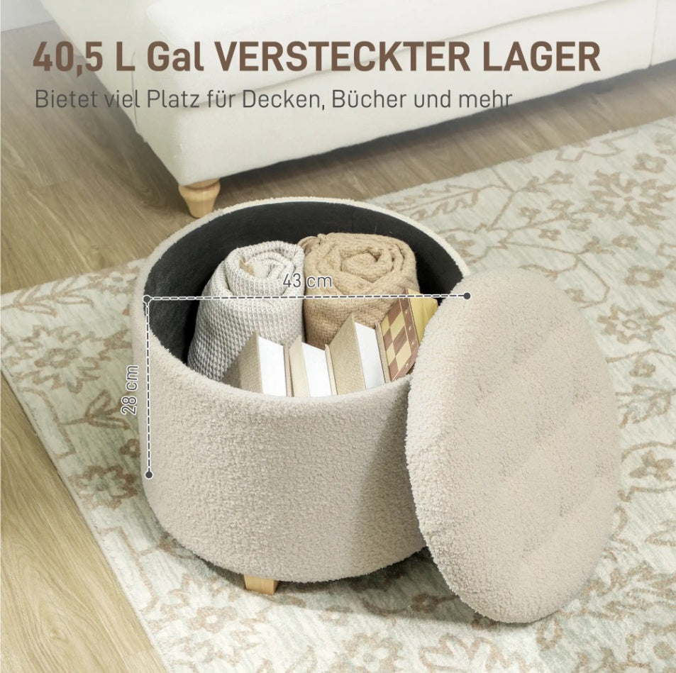 Runder Sitzhocker Cremeweiß mit Stauraum – Knopfgetuftete Ottomane (40,5 L) mit Kiefernholzbeinen