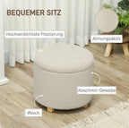 Runder Sitzhocker Cremeweiß mit Stauraum – Knopfgetuftete Ottomane (40,5 L) mit Kiefernholzbeinen