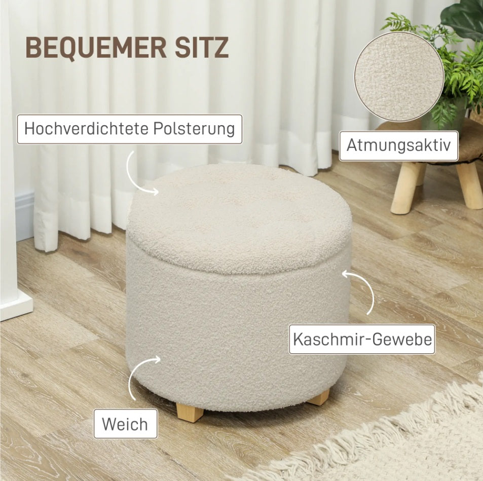 Runder Sitzhocker Cremeweiß mit Stauraum – Knopfgetuftete Ottomane (40,5 L) mit Kiefernholzbeinen