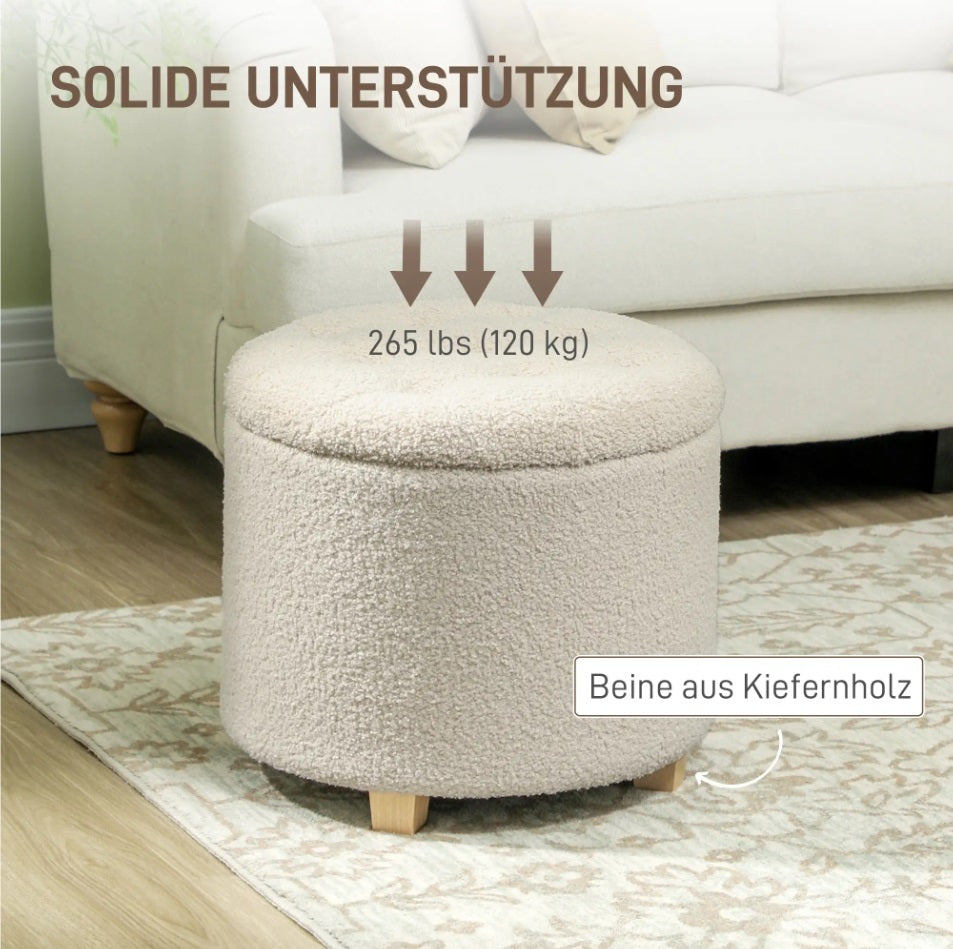 Runder Sitzhocker Cremeweiß mit Stauraum – Knopfgetuftete Ottomane (40,5 L) mit Kiefernholzbeinen