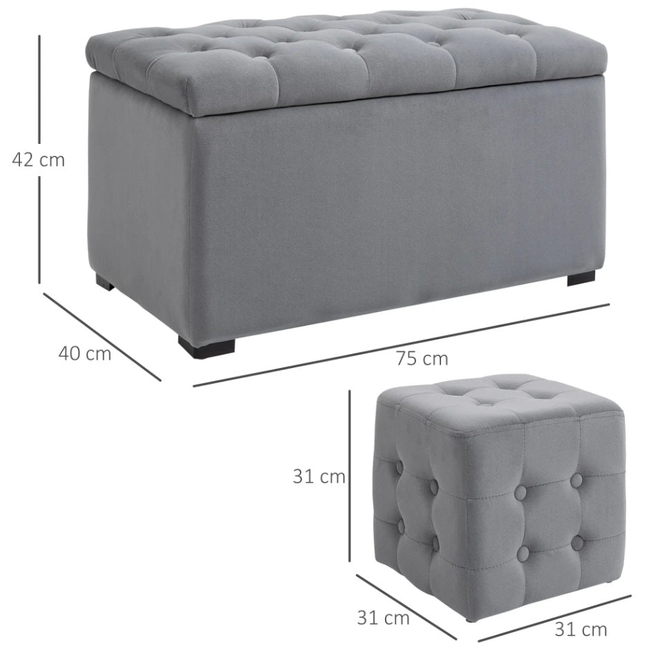 3-teiliges Hocker-Set Hellgrau – Sitztruhe (75 cm) mit Stauraum und 2 verstaubaren Sitzwürfeln