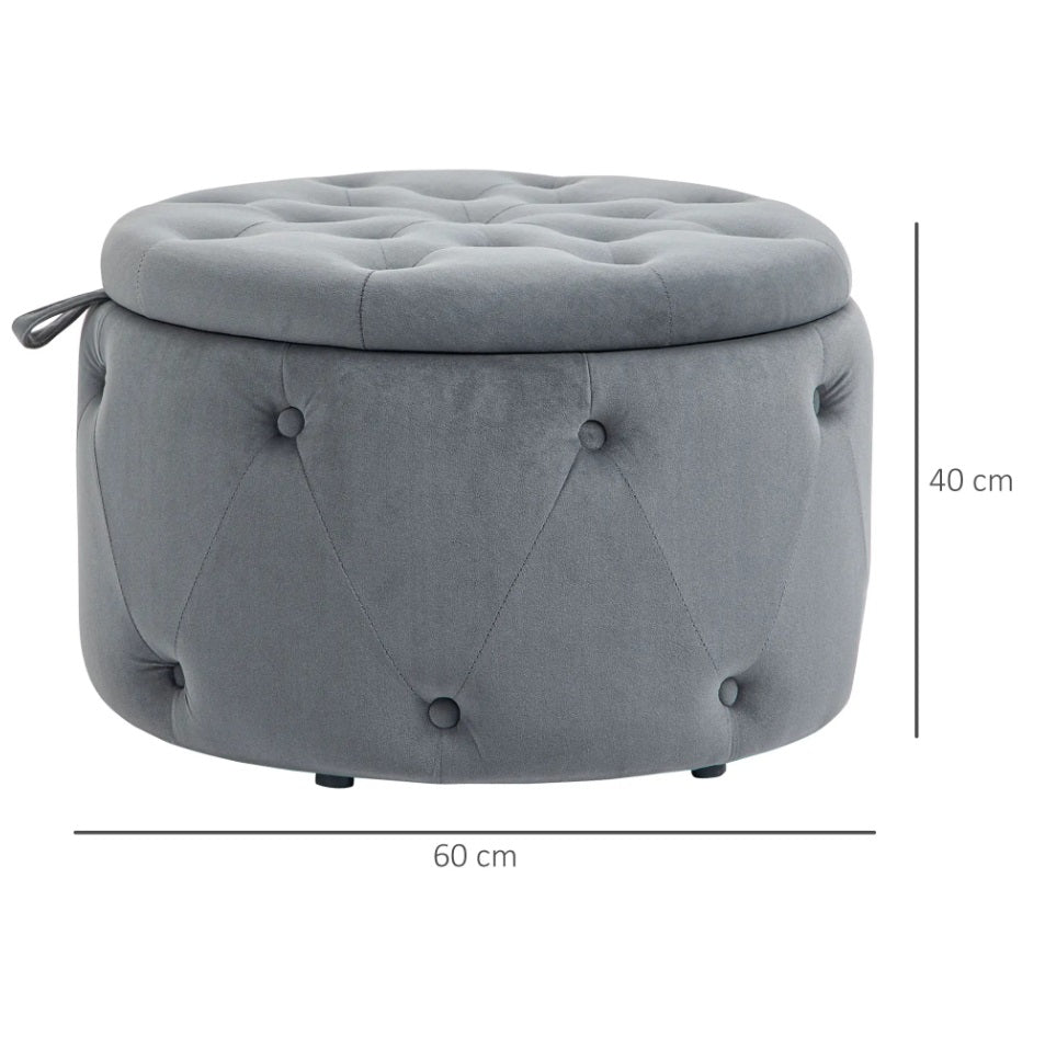 Großer Runder Hocker mit Staufach (Ø60 cm) – Ottomane in Grau Samtoptik mit Knopf-Steppdesign