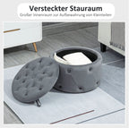 Großer Runder Hocker mit Staufach (Ø60 cm) – Ottomane in Grau Samtoptik mit Knopf-Steppdesign